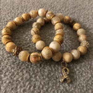 Yellow/Tan Faceted Agate w/ Gold & Crystal Pave Bead Cancer Ribbon Bracelet
